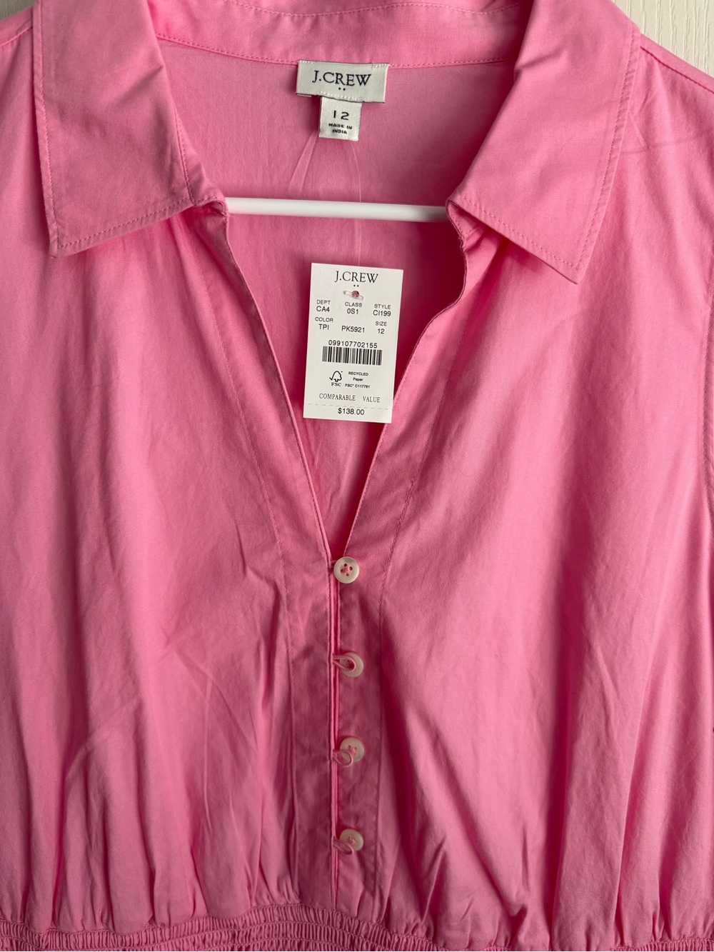 J. Crew Factory Pink Button-Front Collared Top Maxi Dress Sz 12 NWT